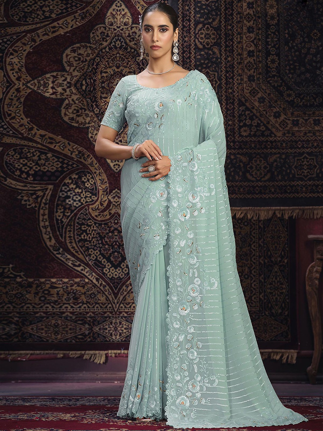 

ODETTE Embellished Sequinned Saree Pack of 2, Blue