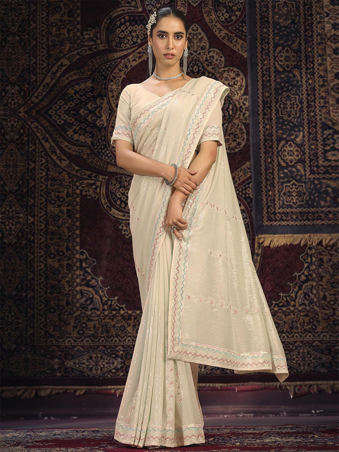 

ODETTE Embellished Sequinned Saree, Off white