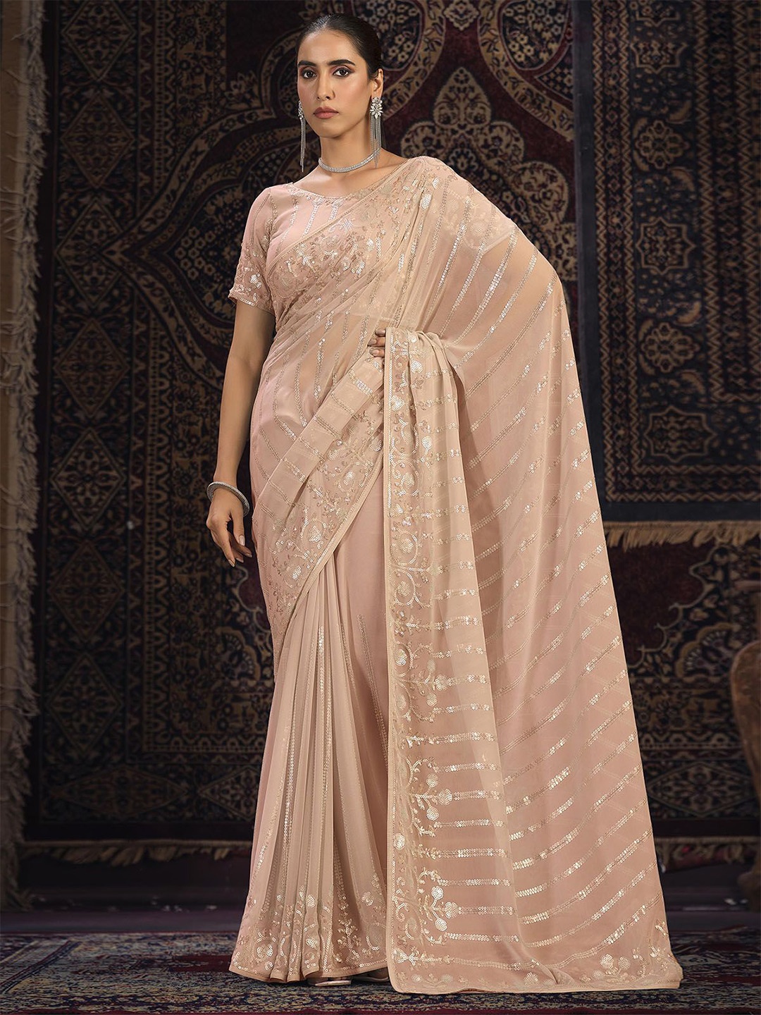 ODETTE Embellished Sequinned Saree, Peach