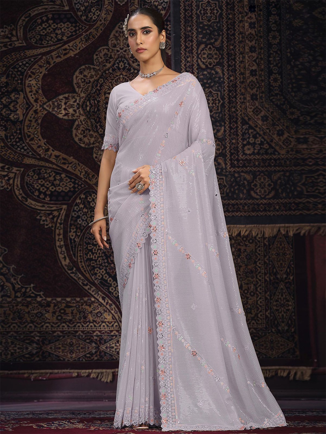 

ODETTE Embellished Sequinned Saree, Lavender