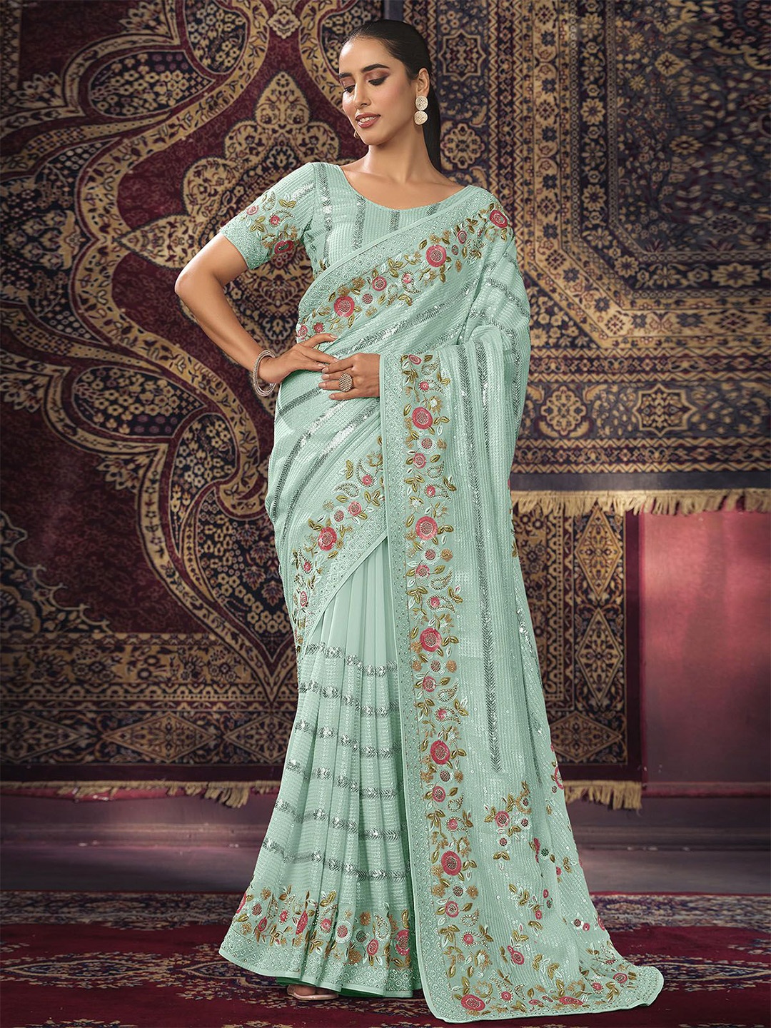 

ODETTE Floral Sequinned Saree, Blue