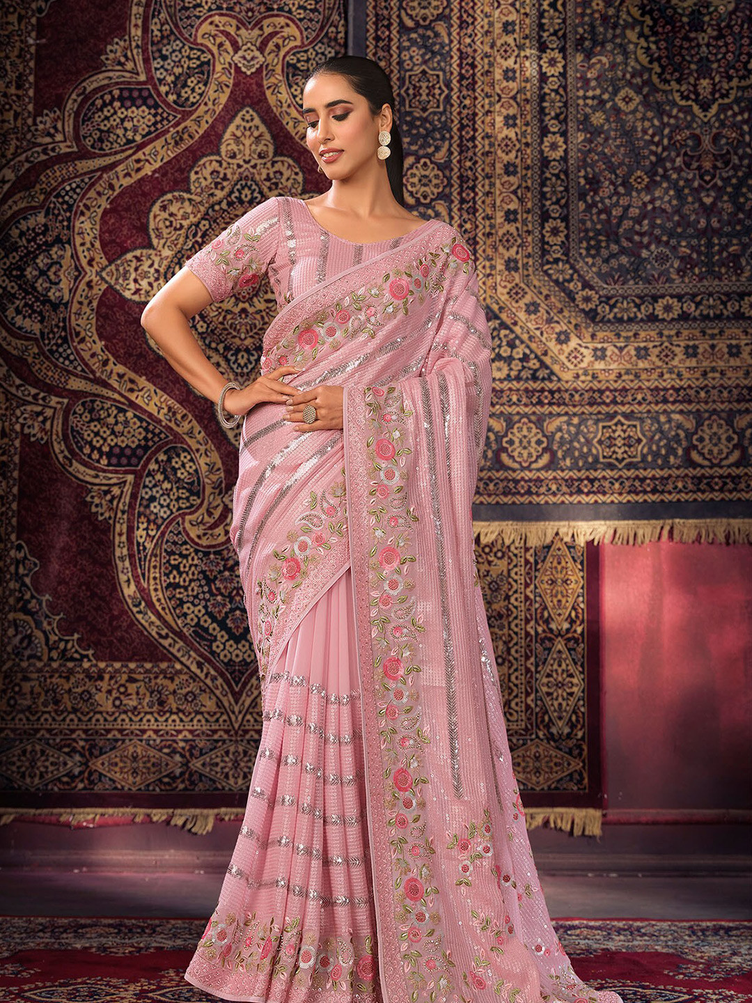 

ODETTE Embellished Sequinned Saree, Pink