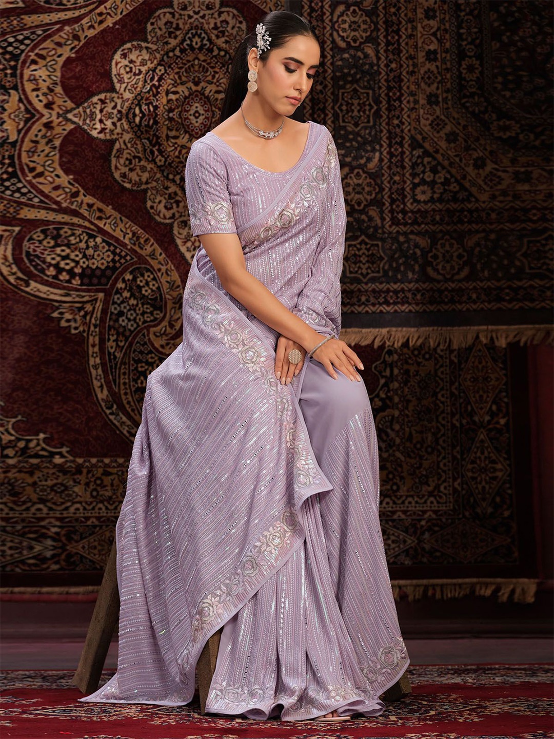 

ODETTE Embellished Sequinned Saree, Lavender