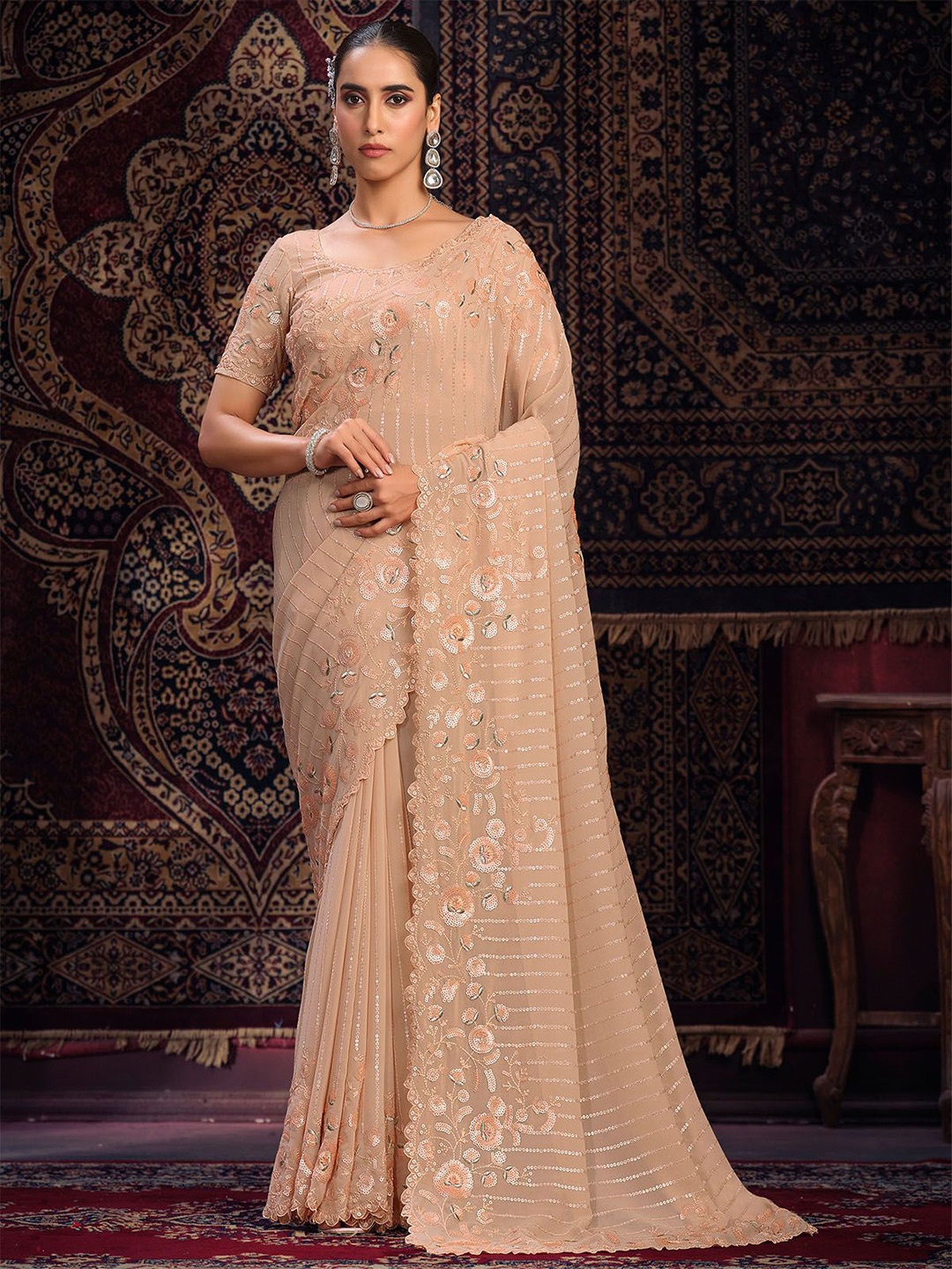 

ODETTE Embellished Sequinned Saree, Peach