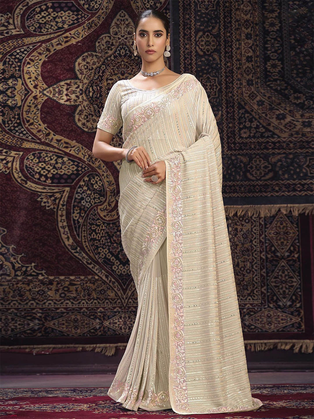 

ODETTE Embellished Saree, Off white