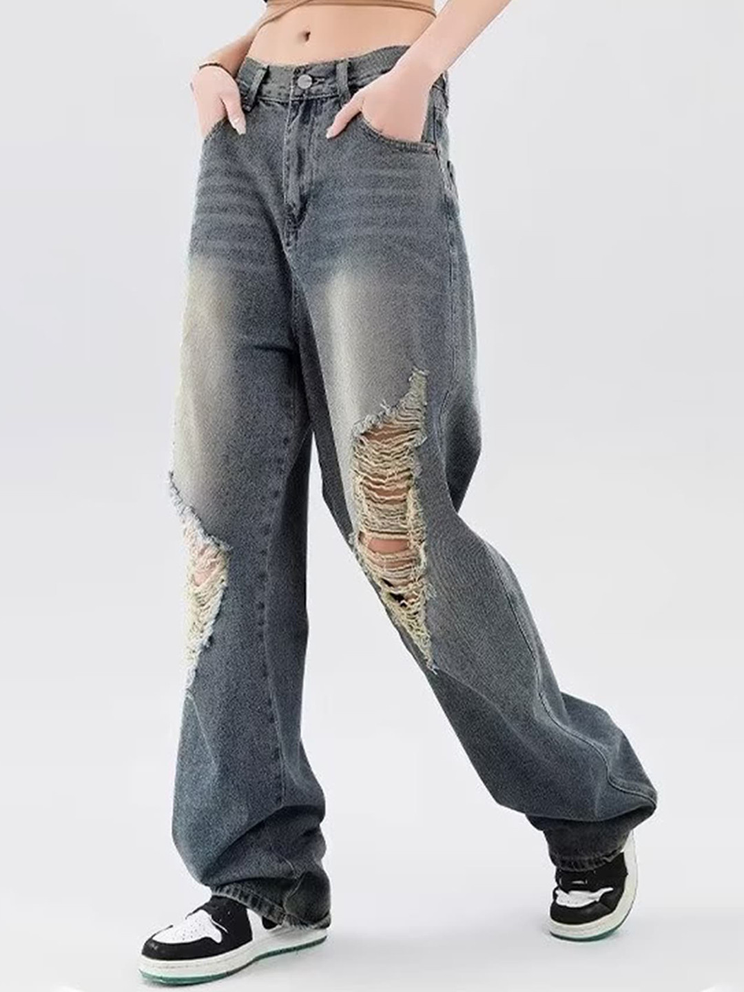 

LULU & SKY Women Straight Fit Low Rise Highly Distressed Heavy Fade Jeans, Blue