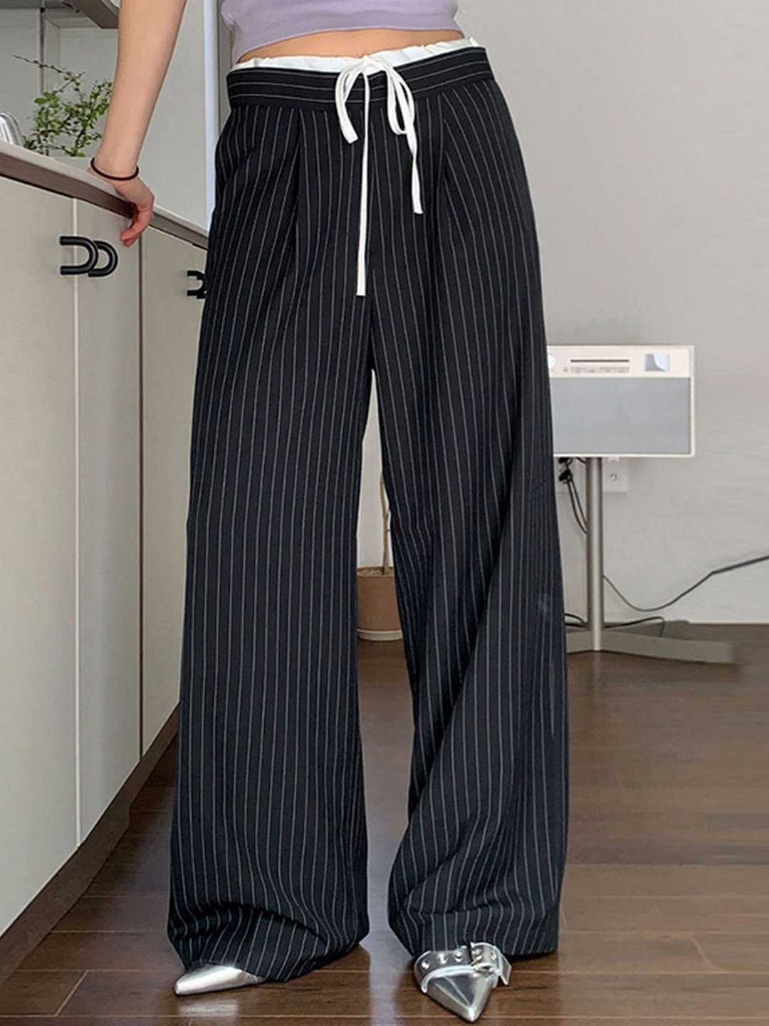 

LULU & SKY Women Black Striped Loose Fit High-Rise Trousers