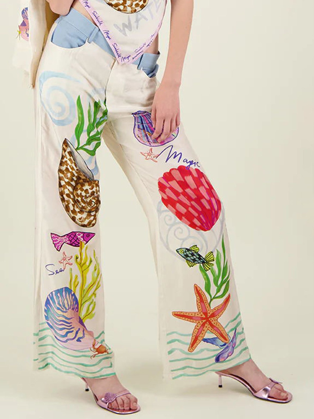 

LULU & SKY Women Straight Fit Tropical Printed Parallel Trousers, White