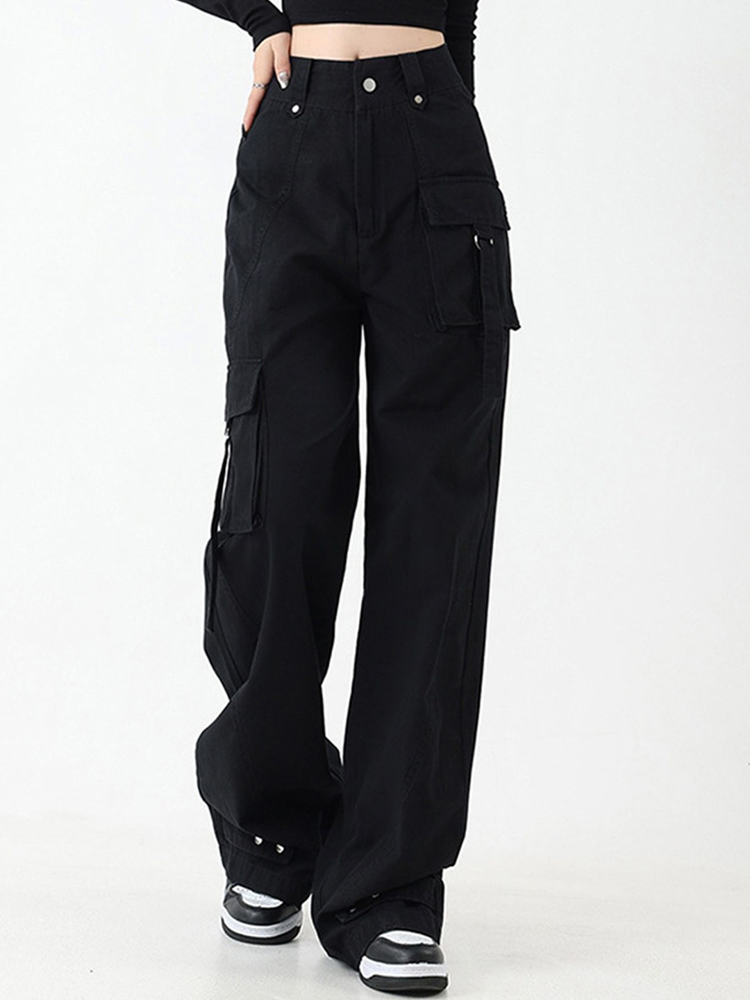 

LULU & SKY Women Straight Fit High-Rise Cargos Trousers, Black