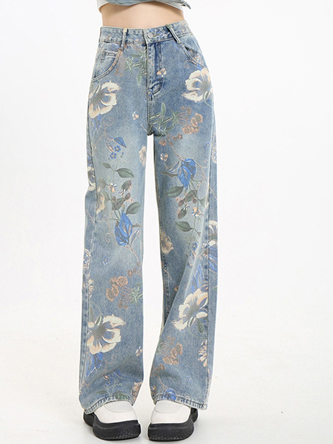 

LULU & SKY Women Straight Fit Floral Printed Light Fade High-Rise Jeans, Blue