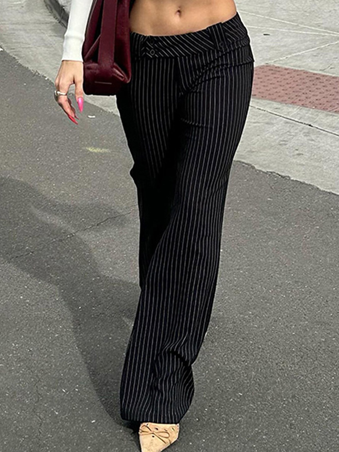 

LULU & SKY Women Black Striped Low-Rise Bootcut Trousers