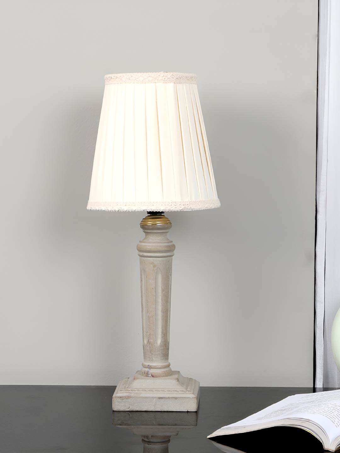 

TU CASA Beige & White Textured Wooden Frustum Shaped Table Lamp