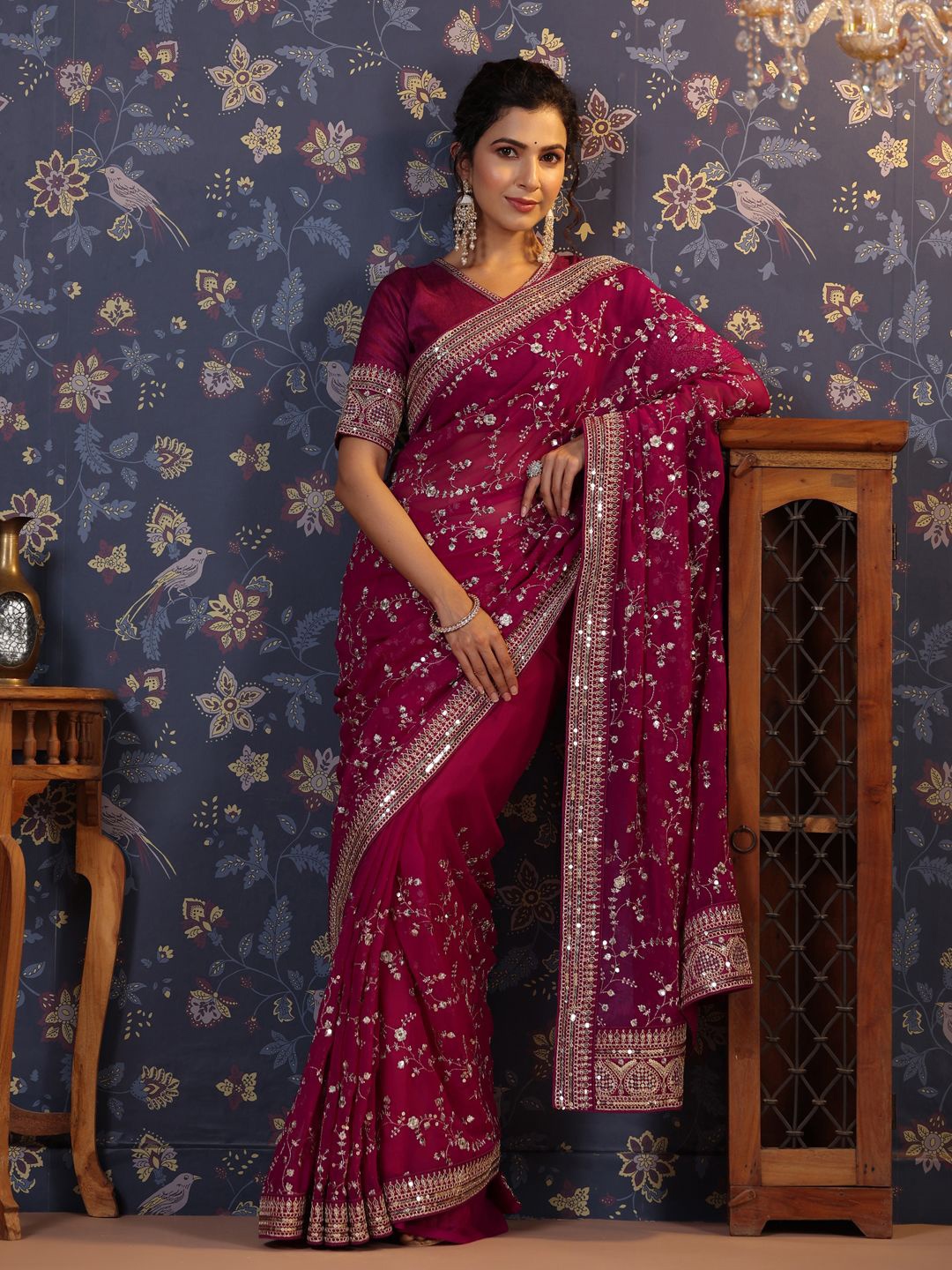 

House of Pataudi Embroidered Heavy Work Saree With Blouse Piece, Burgundy