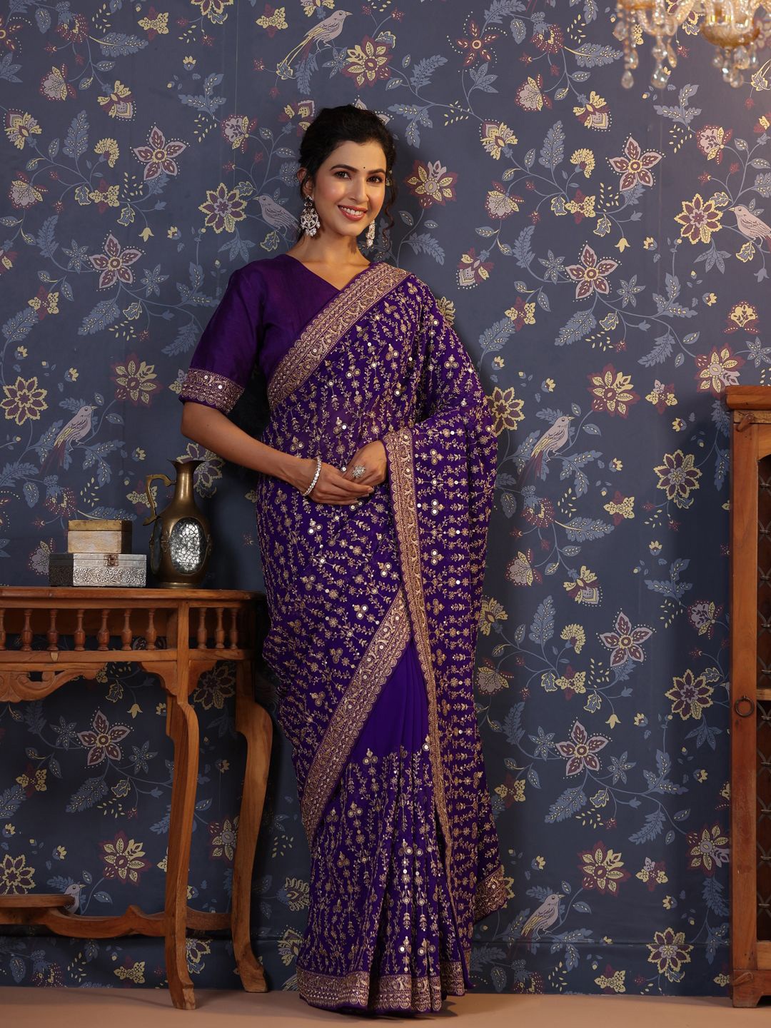 

House of Pataudi Embroidered Heavy Work Saree, Violet