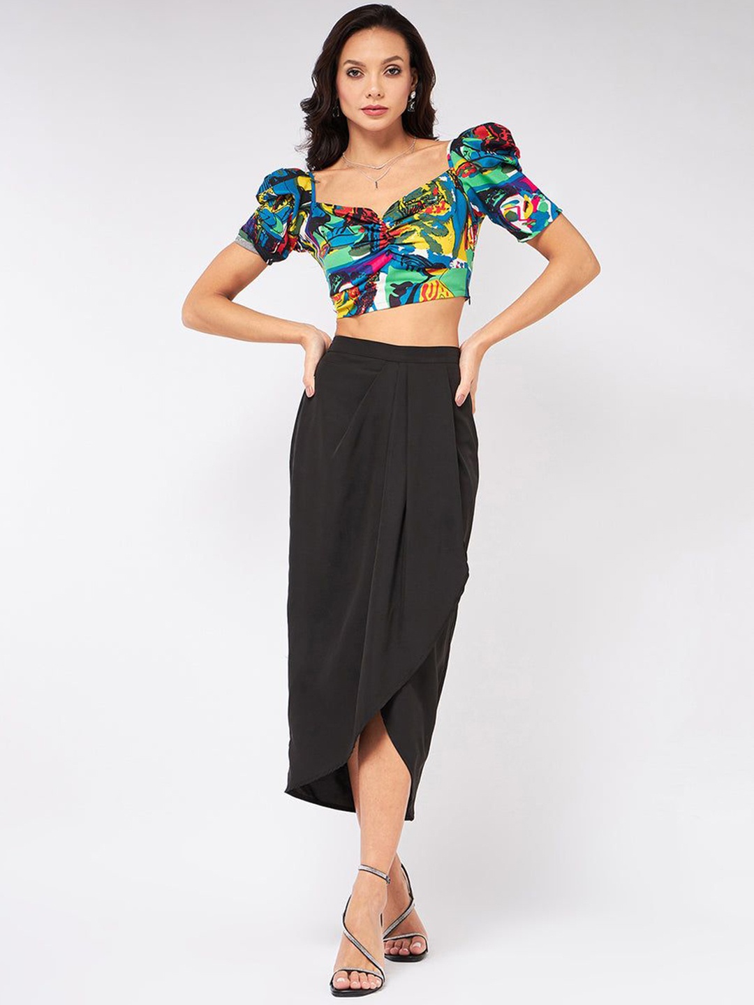 

Zima Leto Printed Sweetheart Neck Top With Skirt, Green