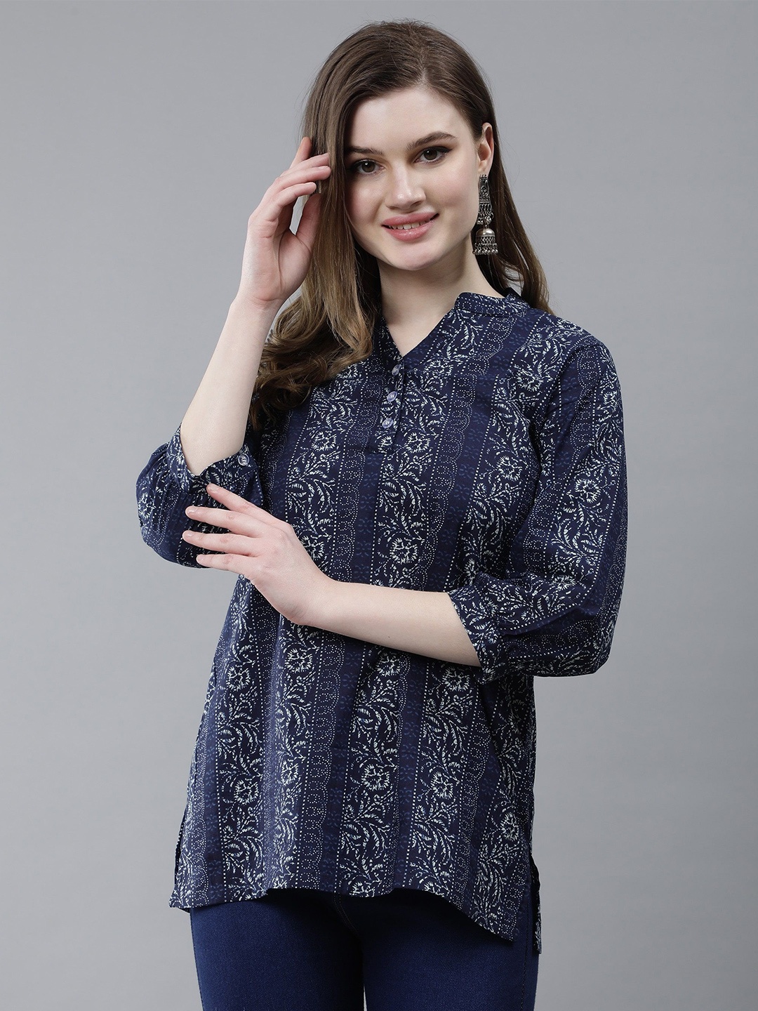 

Cot'N Soft Bandhani Printed Mandarin Collar Pure Cotton Straight Kurti, Navy blue