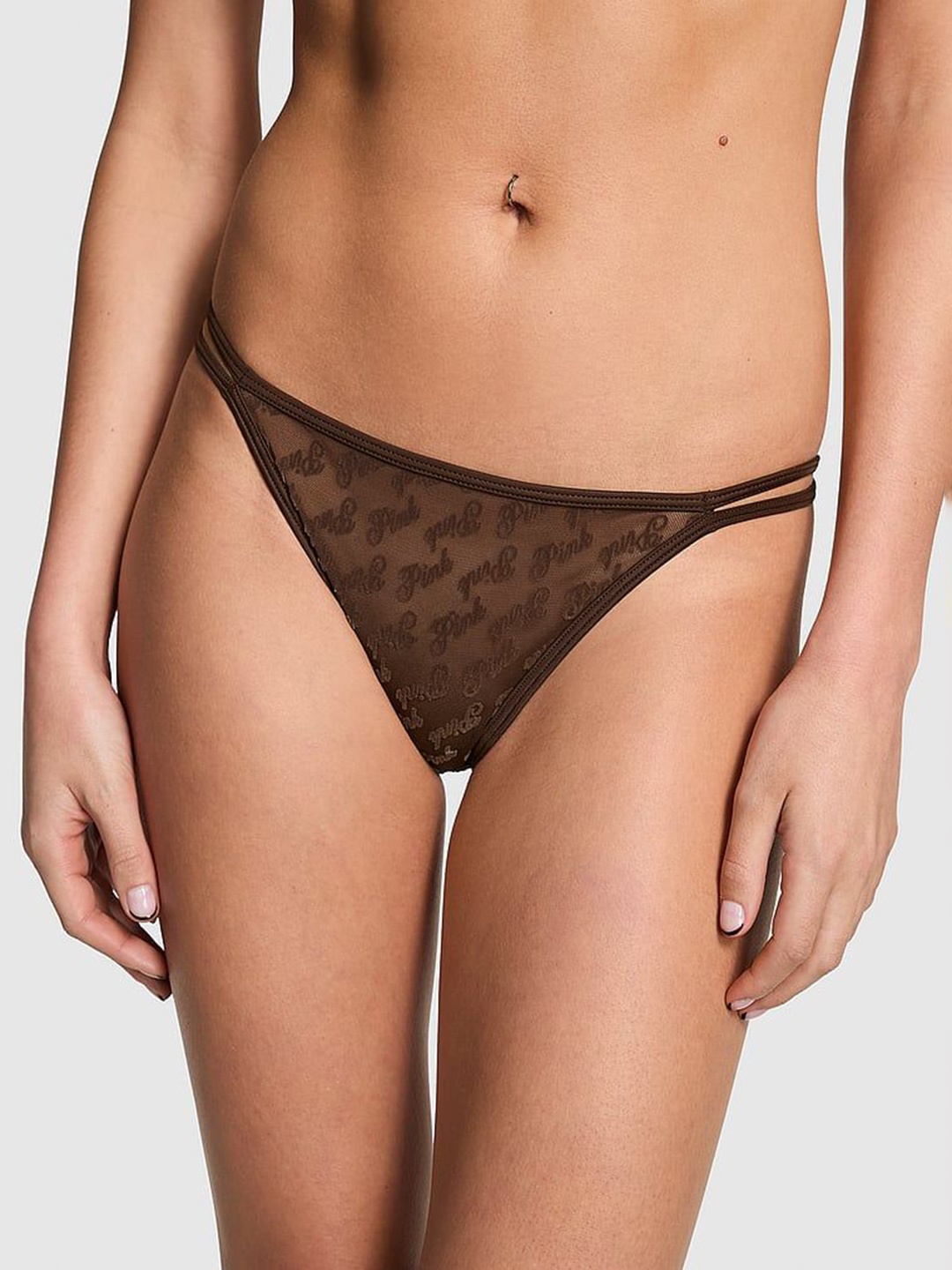 

Victoria's Secret PINK Typography Self Design Logo Mesh Strappy Cheeky Basic Panty, Brown