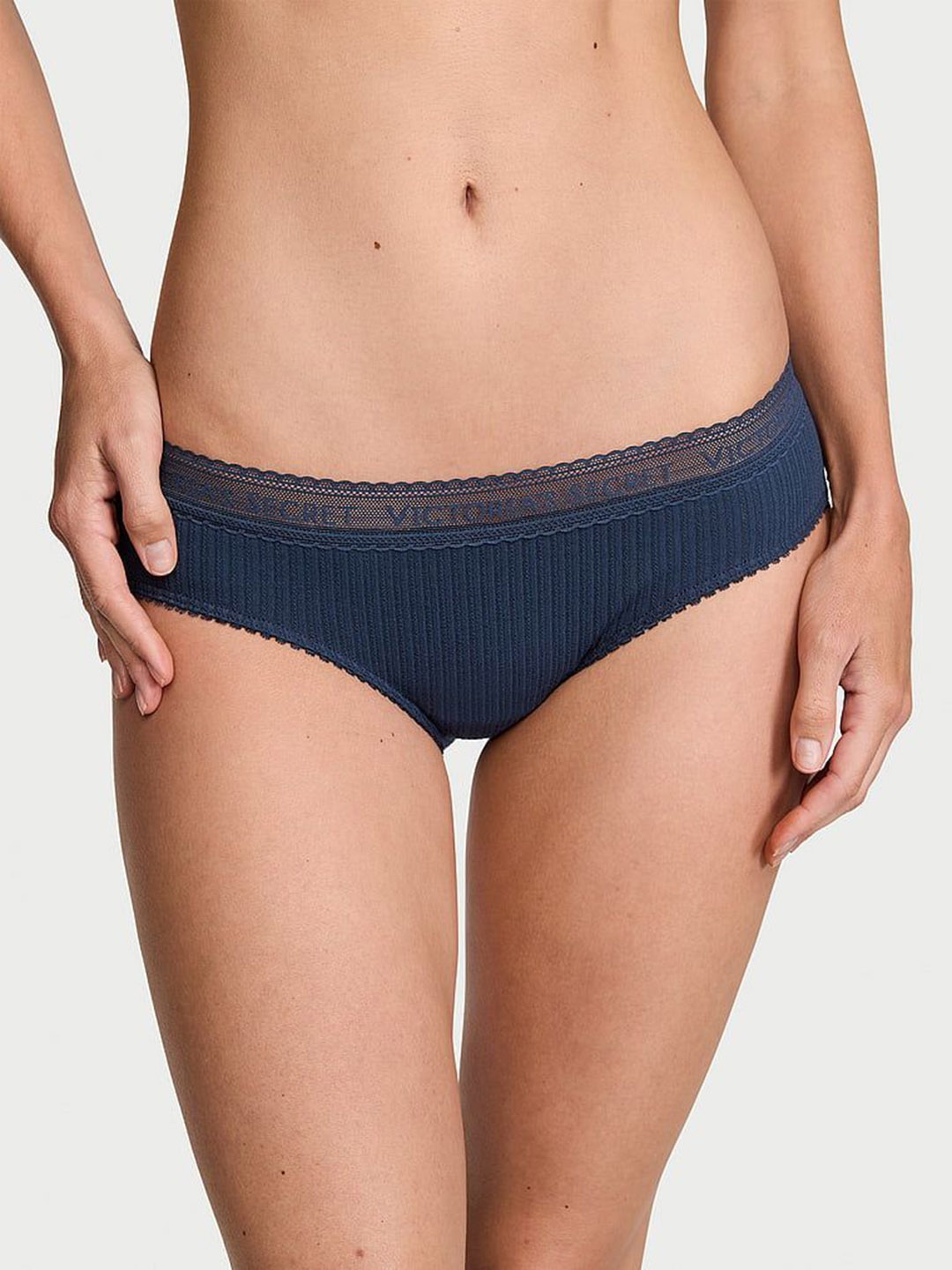 

Victoria's Secret Logo Cotton Lace-Waist Ribbed Hipster Briefs, Blue