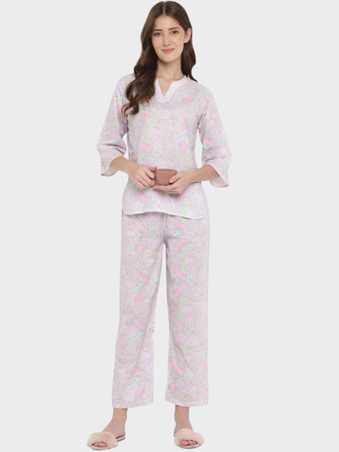 

shopbloom Geometric Printed Pure Cotton Top With Pyjamas, White