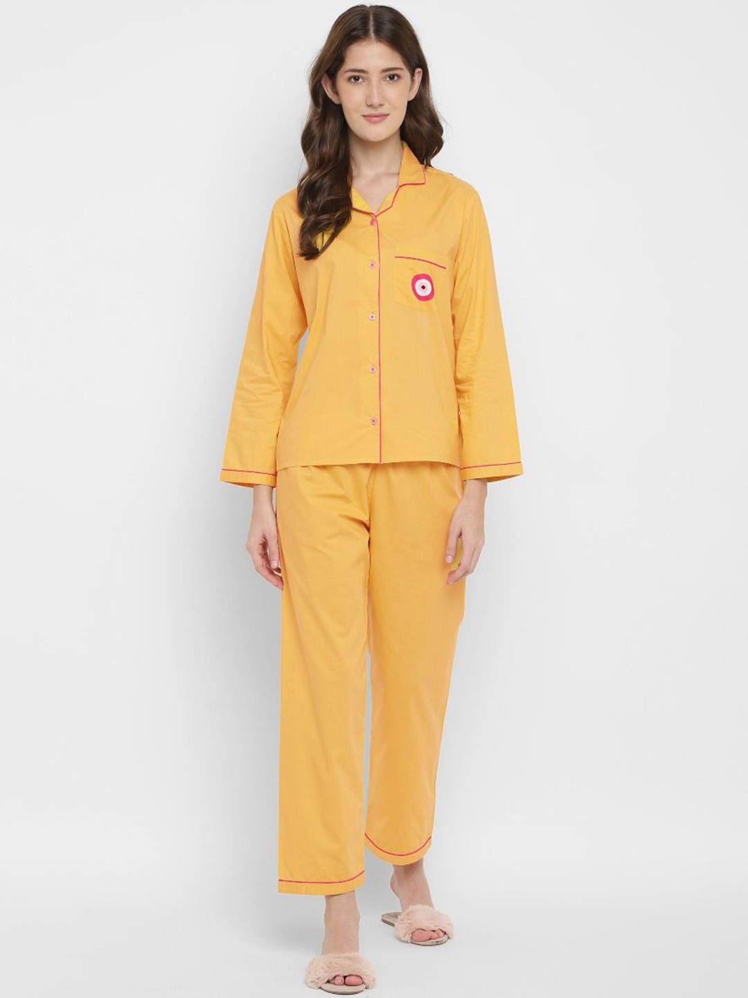 

shopbloom Pure Cotton Lapel Collar Shirt With Pyjamas, Yellow