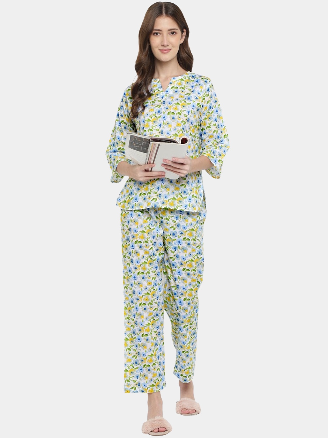 

shopbloom Floral Printed Pure Cotton Shirt With Pyjamas, White