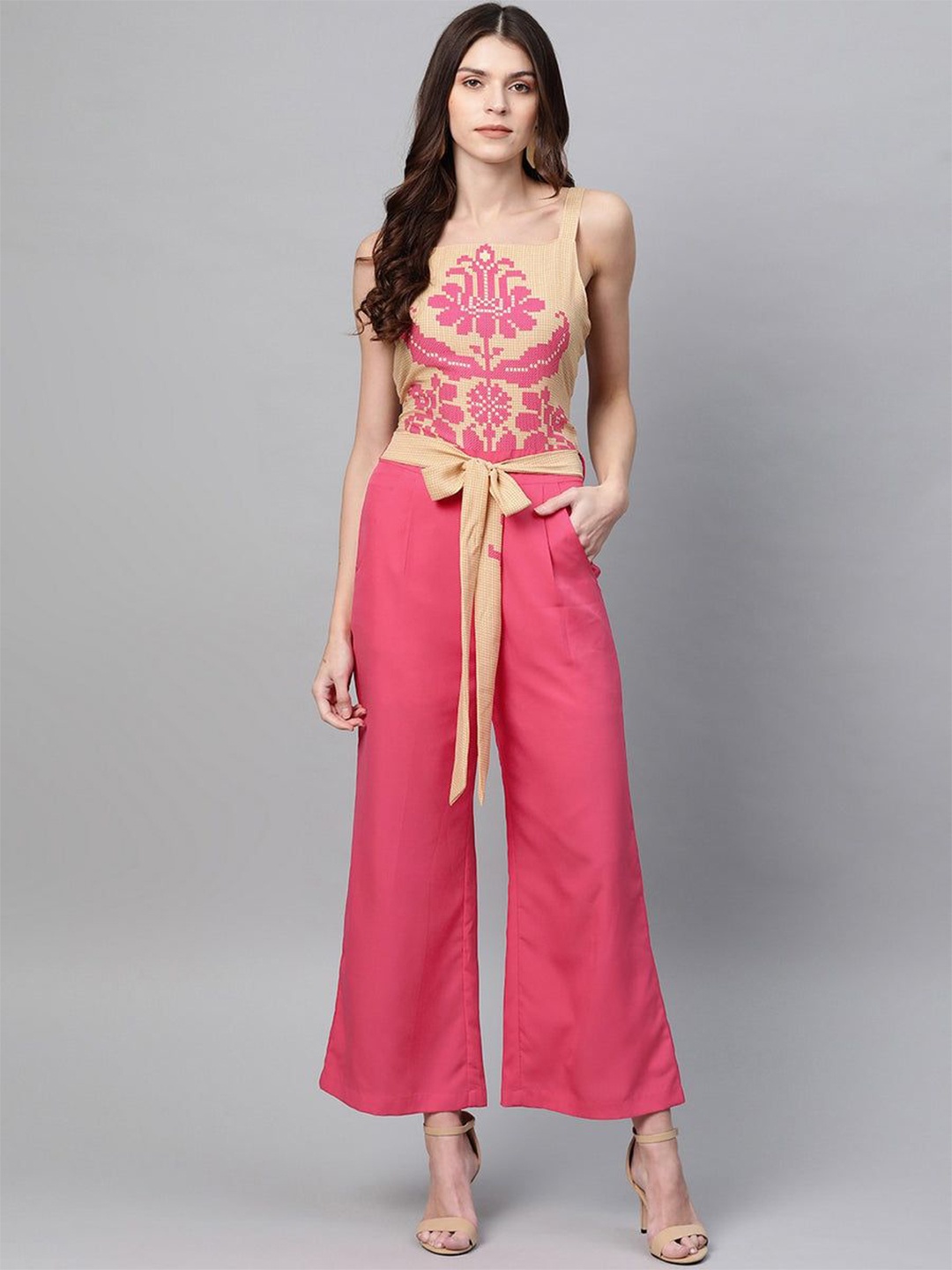 

Zima Leto Printed Shoulder Straps Waist Tie-Ups Basic Jumpsuit, Pink