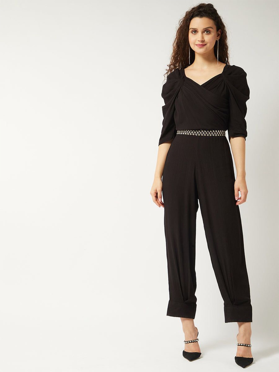 

Zima Leto Puff Sleeves Basic Jumpsuit, Black