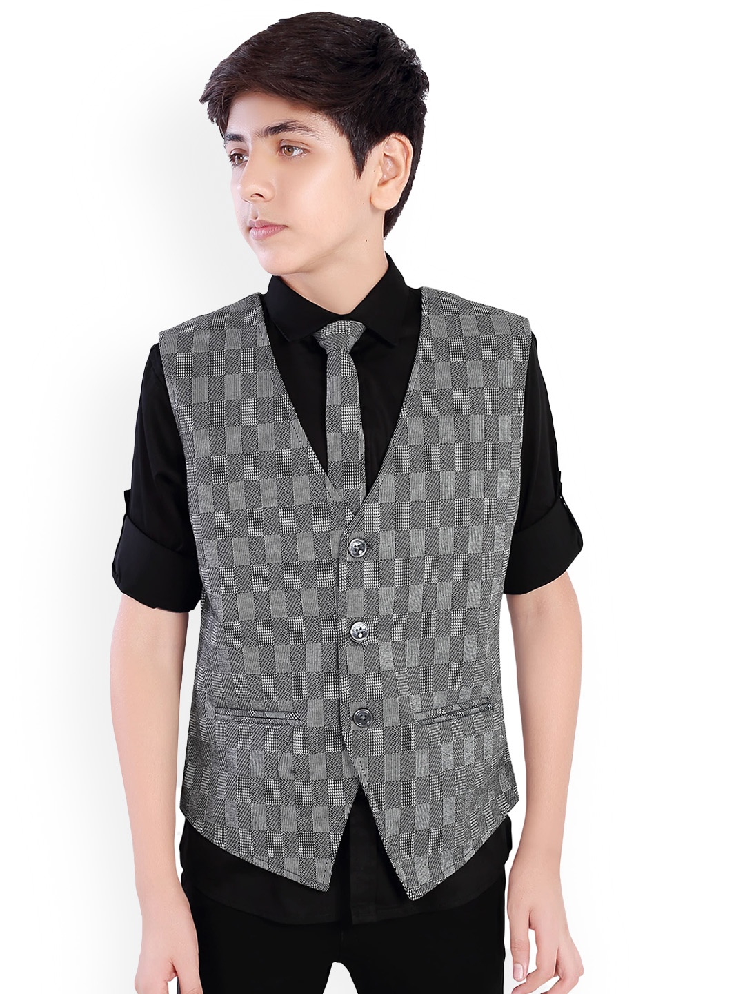 

CAVIO Boys Printed Nehru Jacket With Shirt, Black