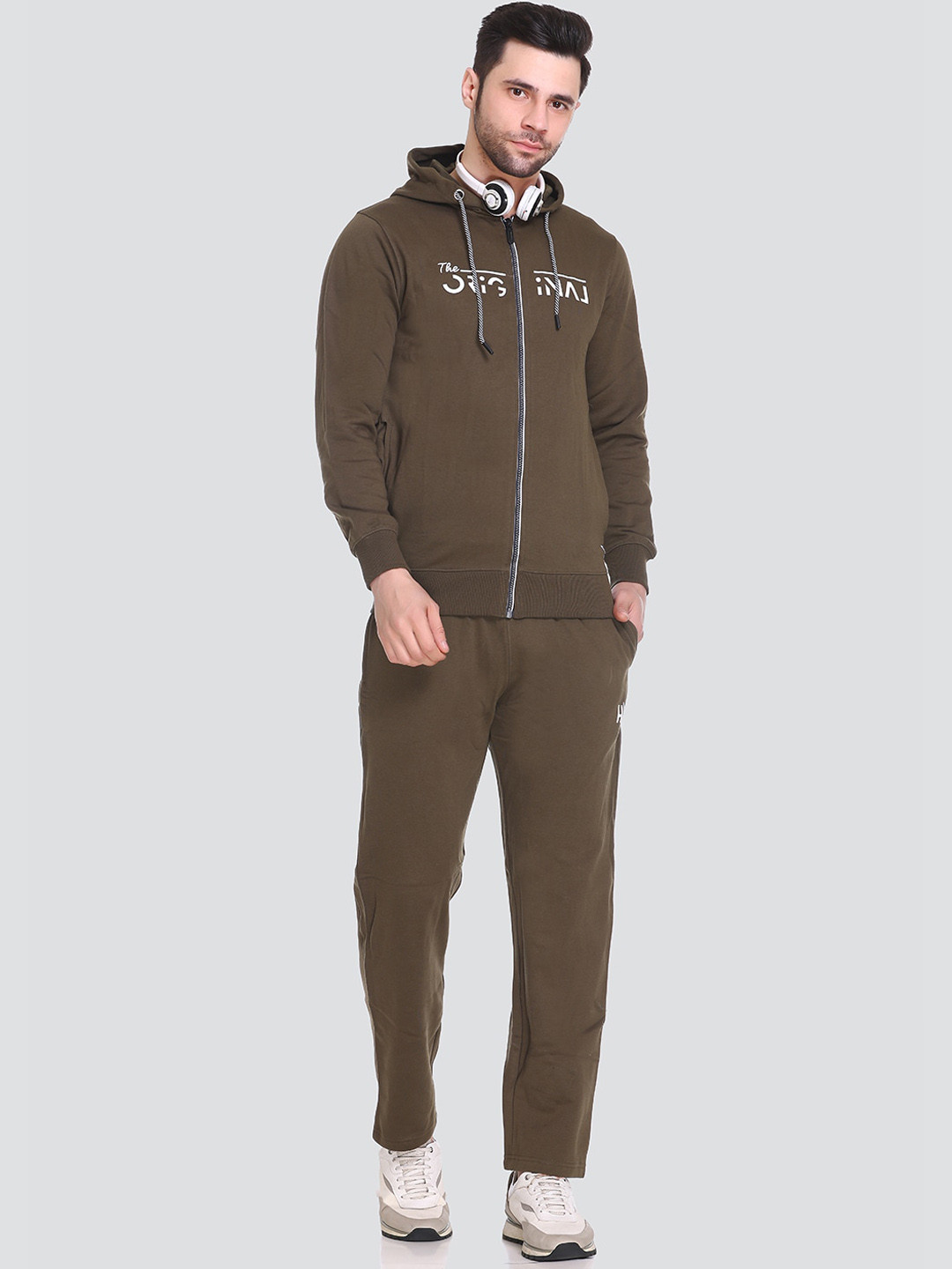 

HB Honey Bee Solid Hooded Cotton Fleece Tracksuit, Olive