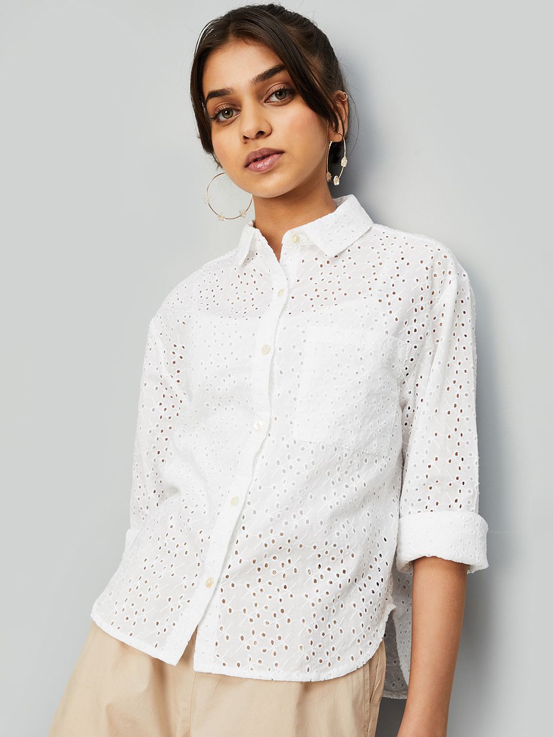 

max Girls Spread Collar Long Sleeves Pure Cotton Sheer Schiffli Casual Shirt, White