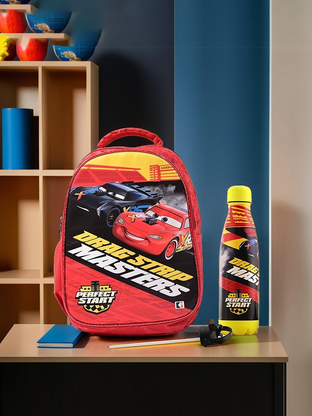 

Kuber Industries Kids Set of 2 Disney Car Printed Backpack With Water Bottle, Red