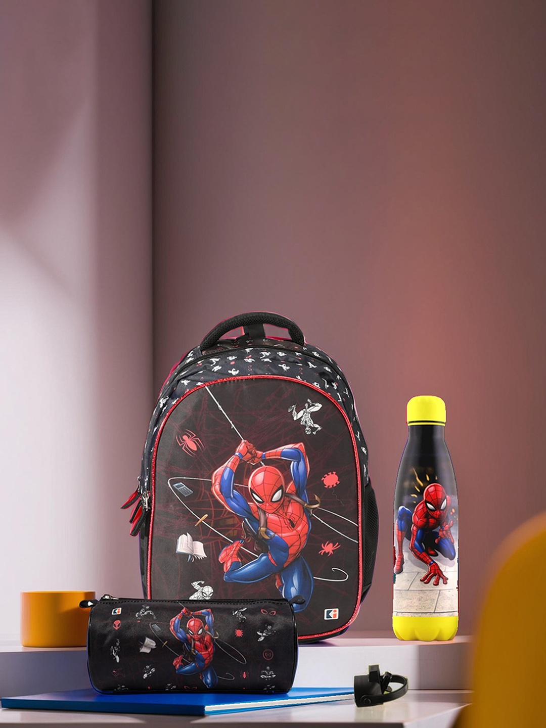 

Kuber Industries Kids Set of 3 Spiderman Printed Backpack & Pencil Pouch with Water Bottle, Black