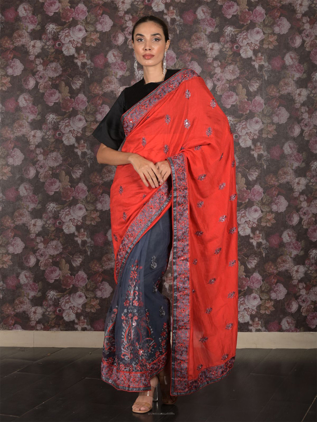 

ODETTE Embellished Embroidered Saree, Red