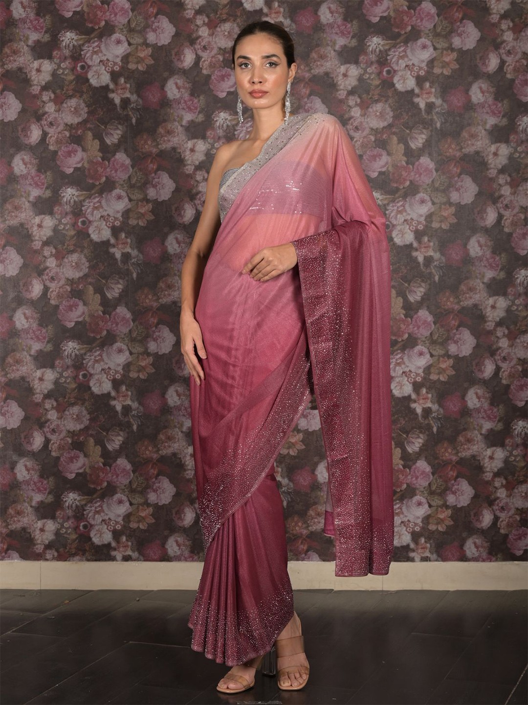 

ODETTE Embellished Saree, Pink