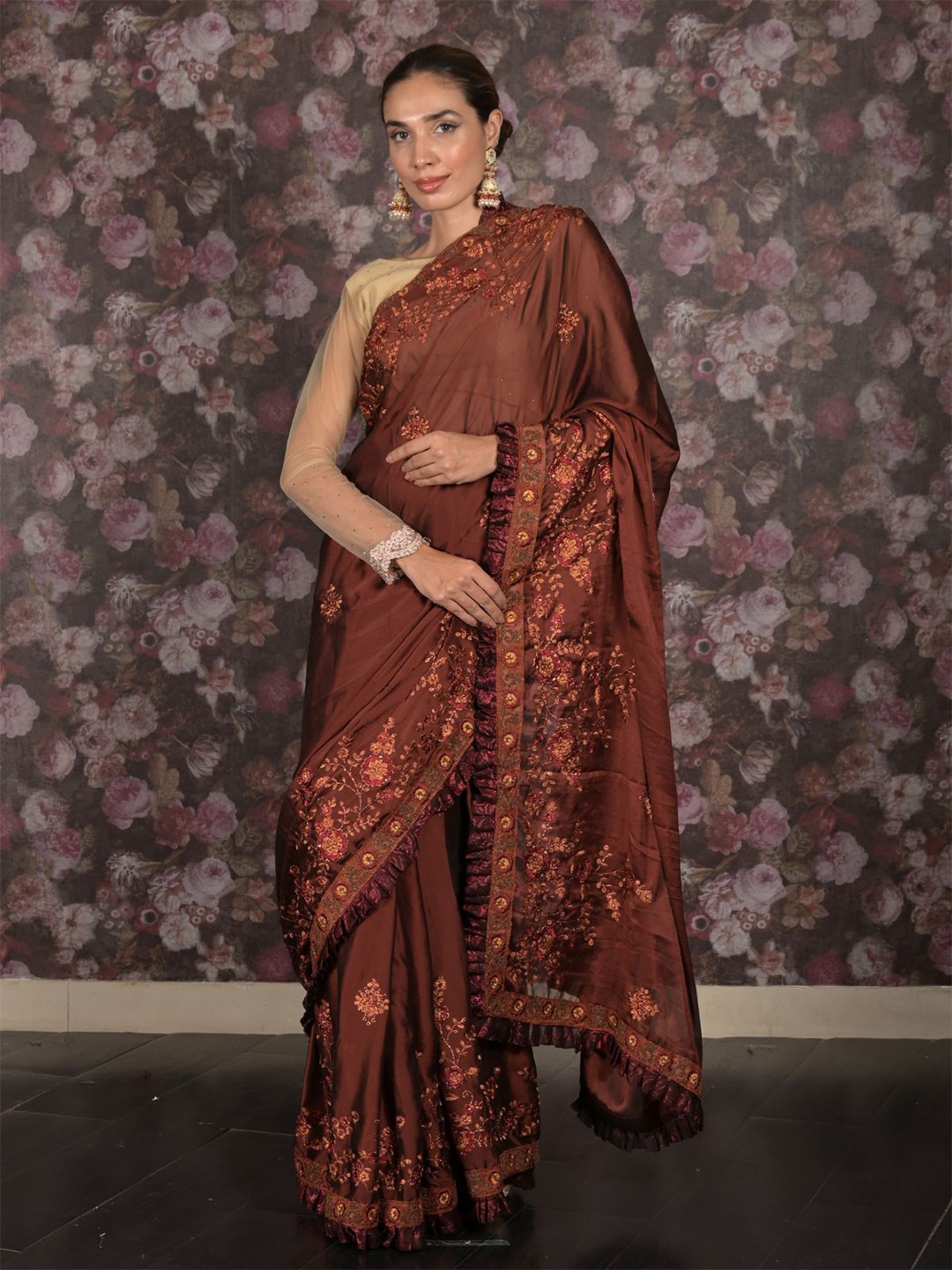 

ODETTE Embellished Embroidered Pure Crepe Saree, Brown