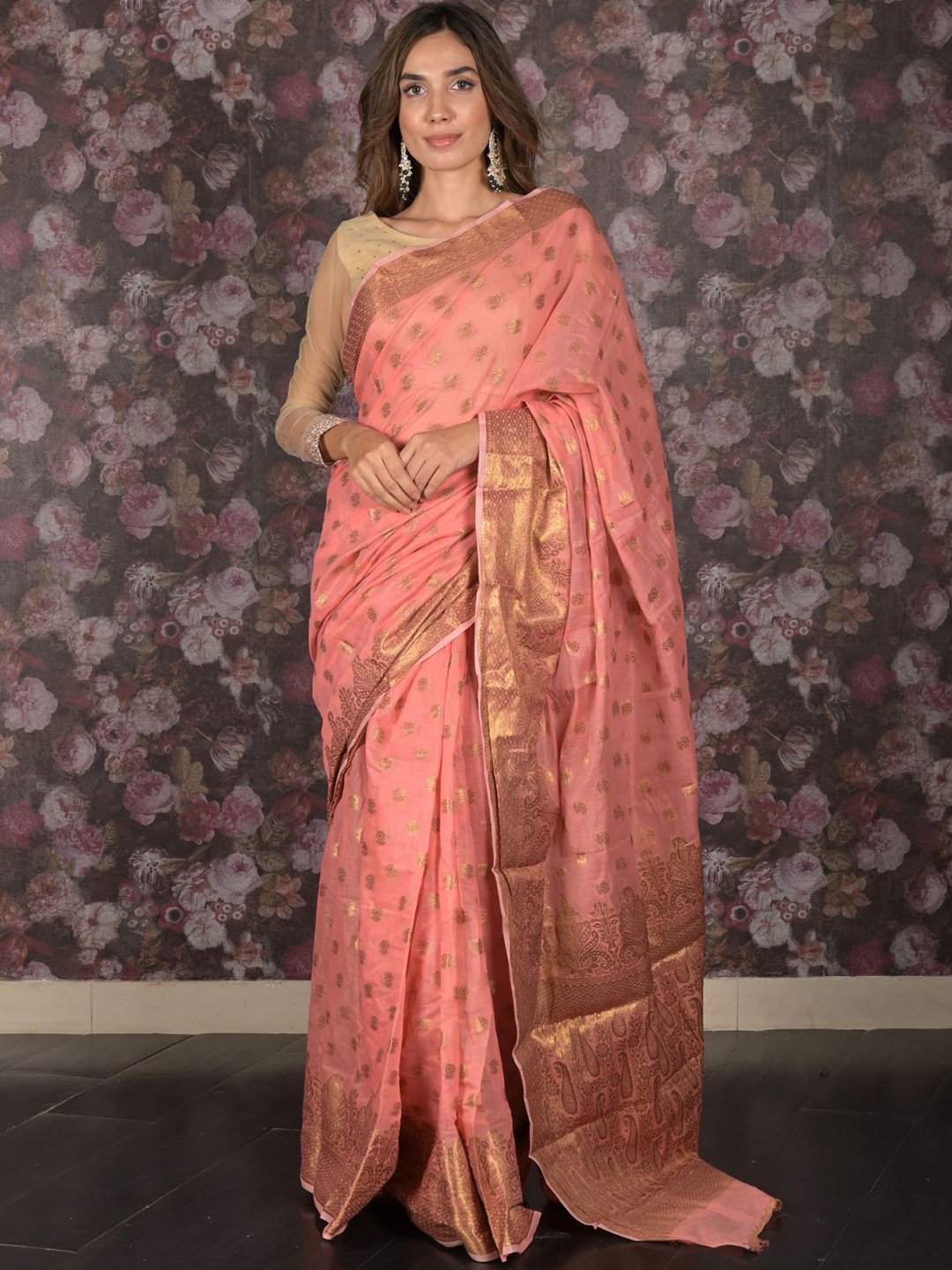 

ODETTE Woven Design Zari Saree, Peach