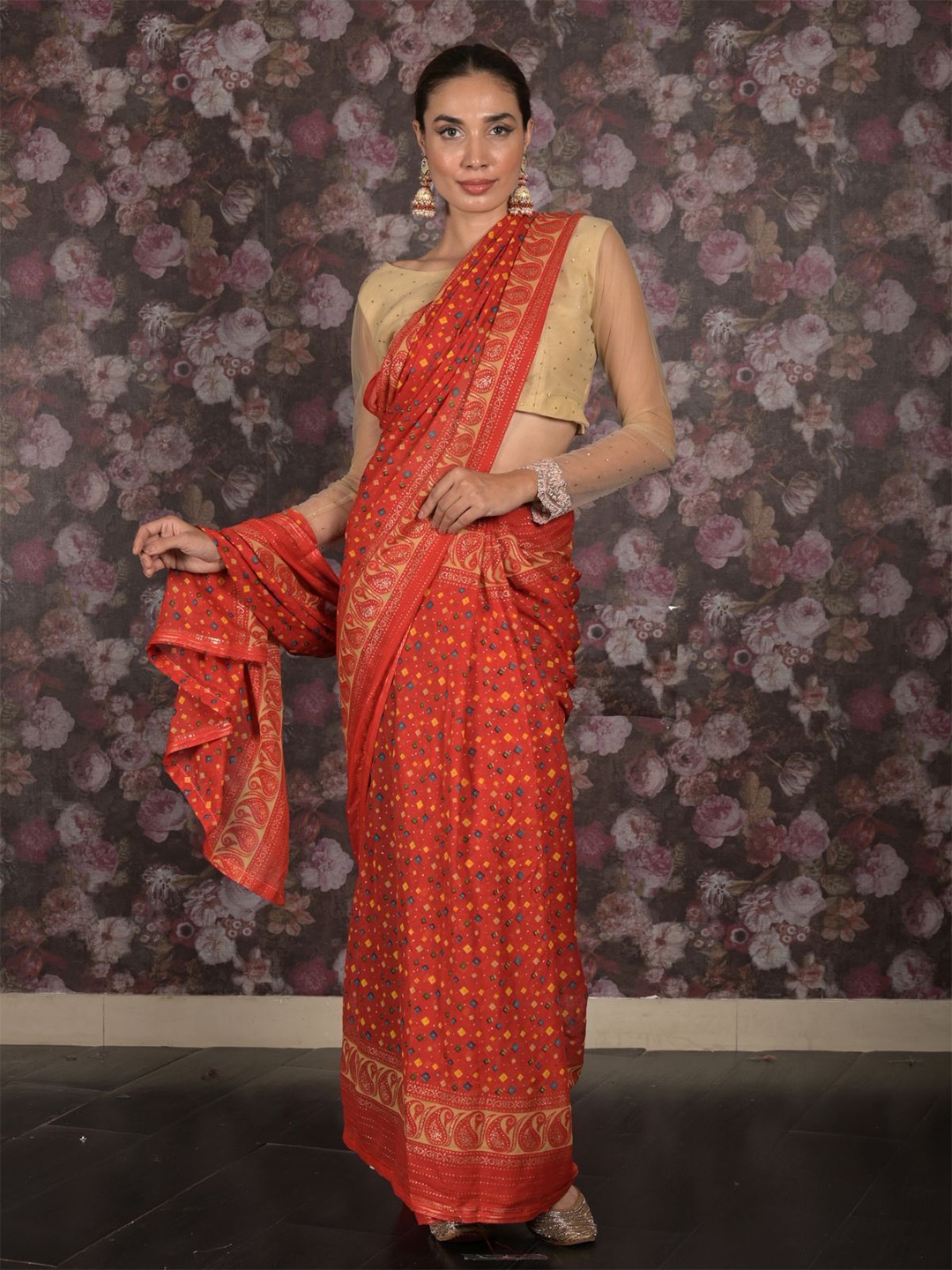 

ODETTE Ethnic Motifs Pure Georgette Saree With Blouse Piece, Red