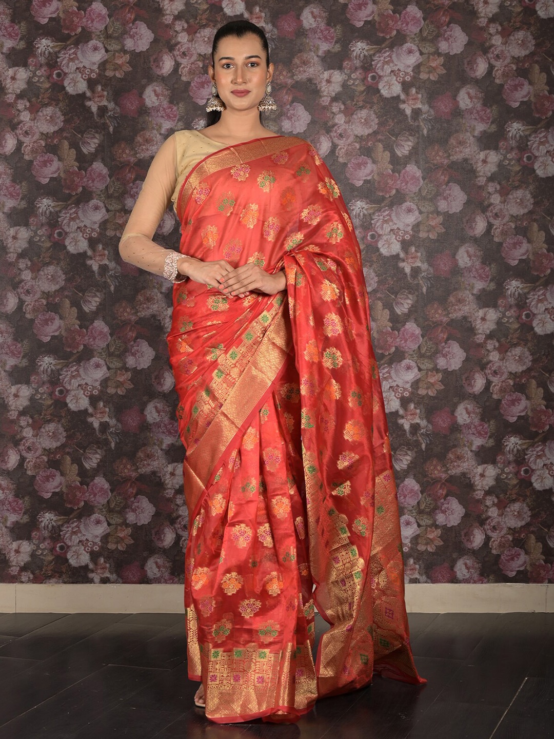 

ODETTE Woven Design Zari Saree, Red