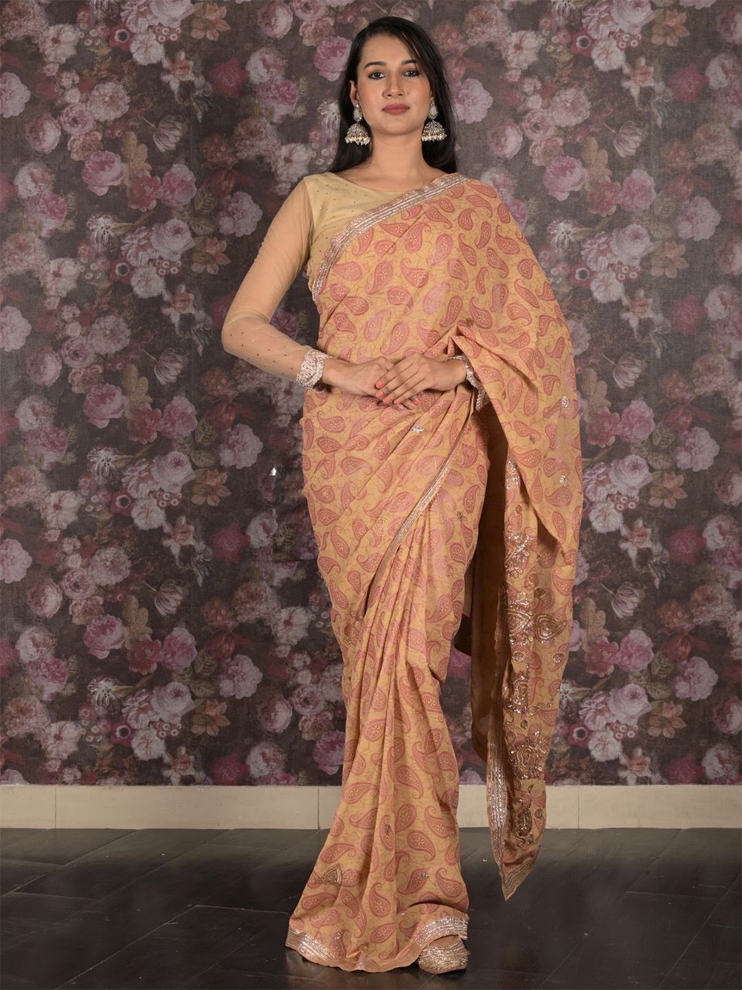 

ODETTE Floral Embroidered Pure Georgette Saree, Beige