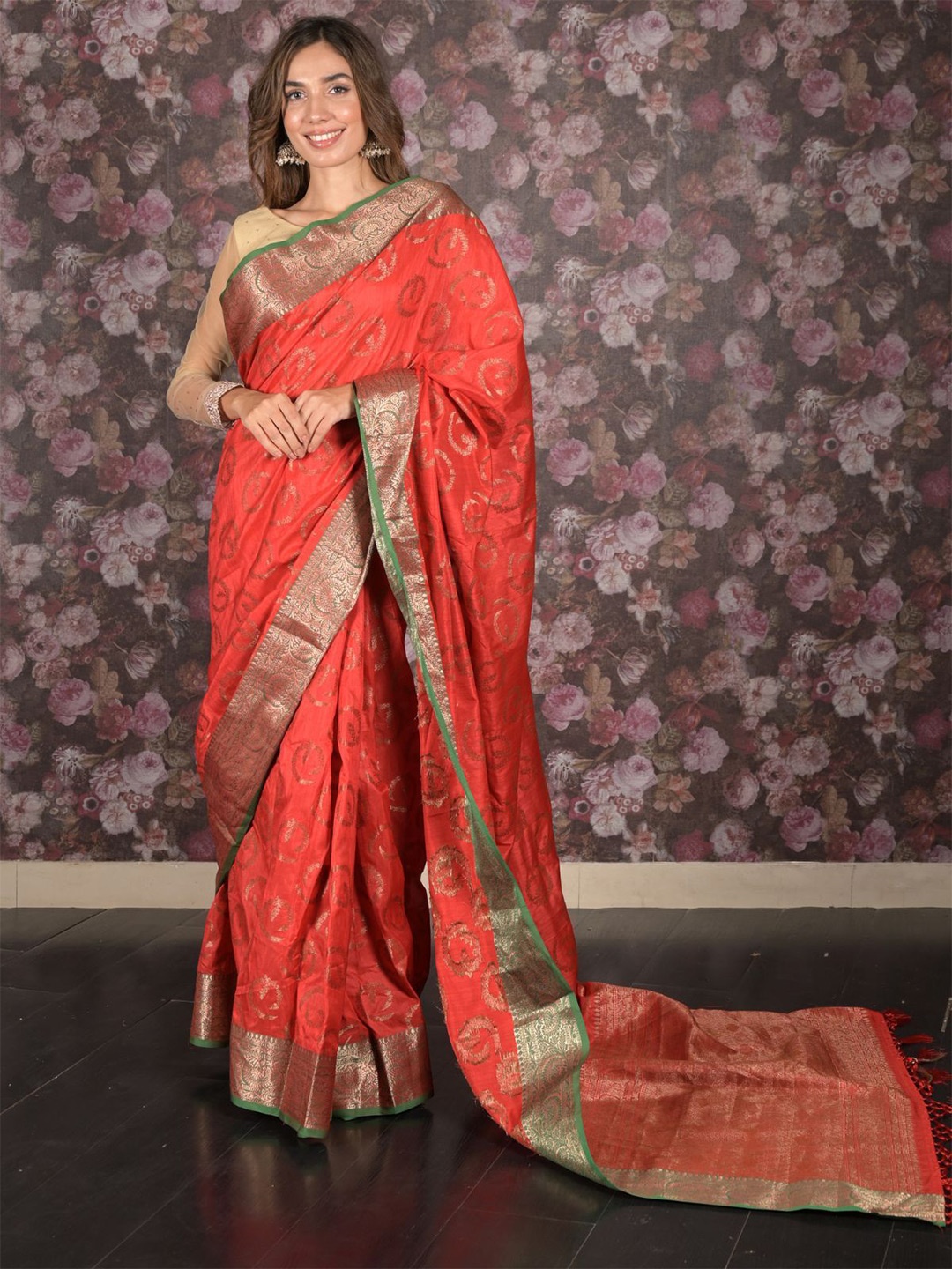 

ODETTE Woven Design Zari Saree, Red