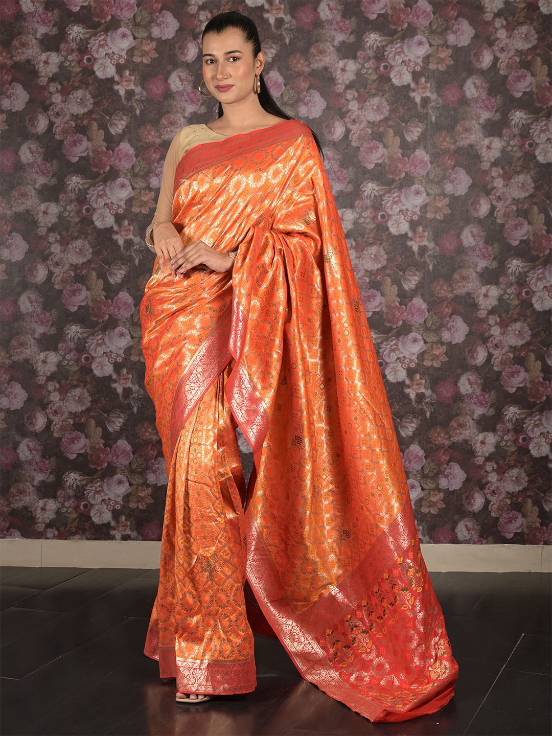 

ODETTE Woven Design Zari Saree, Orange