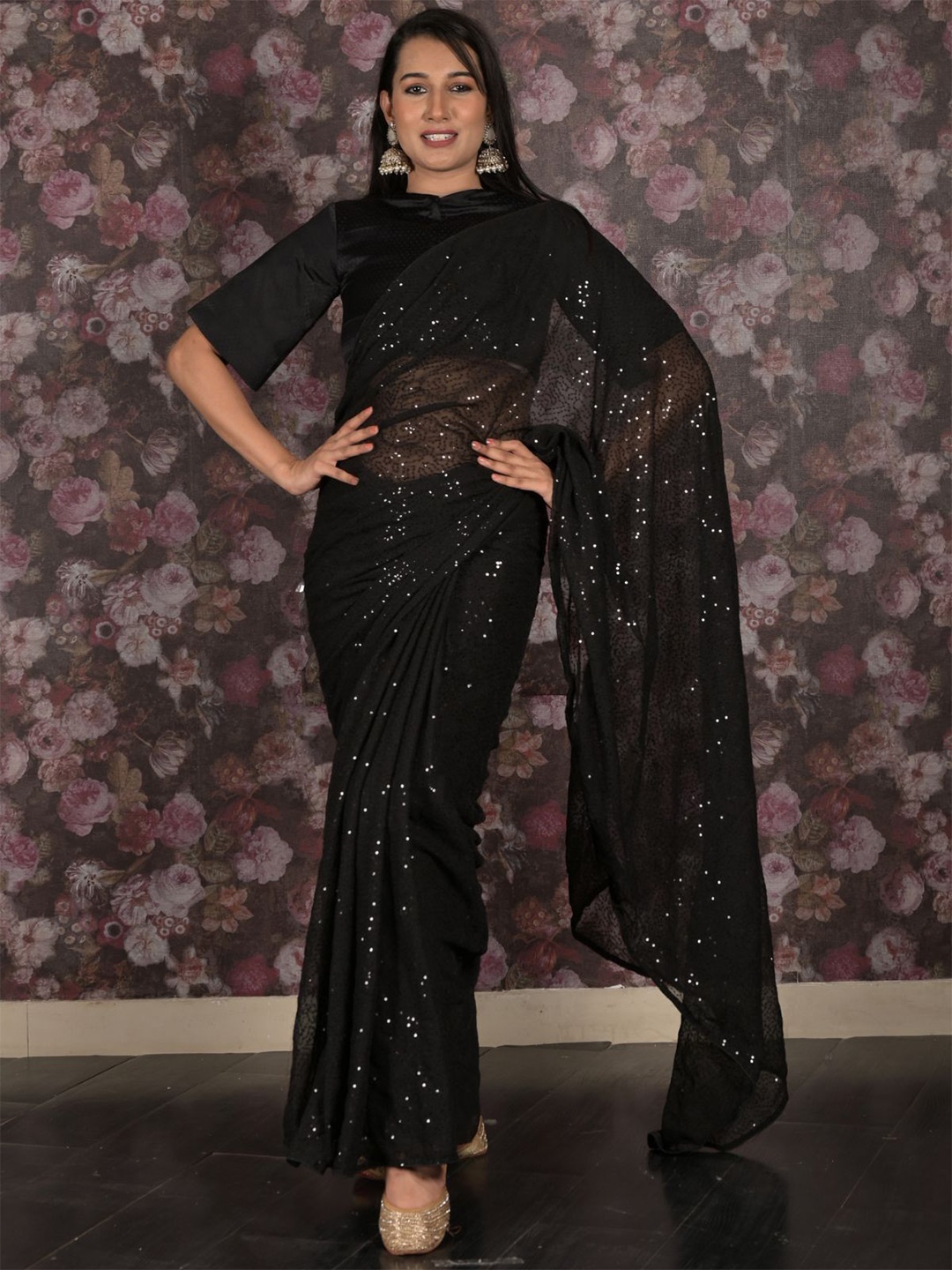 

ODETTE Embellished Sequinned Pure Georgette Saree, Black