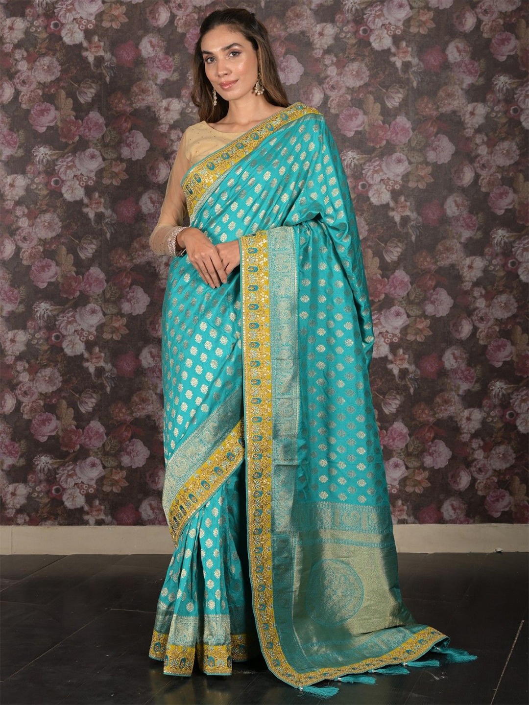 

ODETTE Woven Design Embroidered Saree, Blue