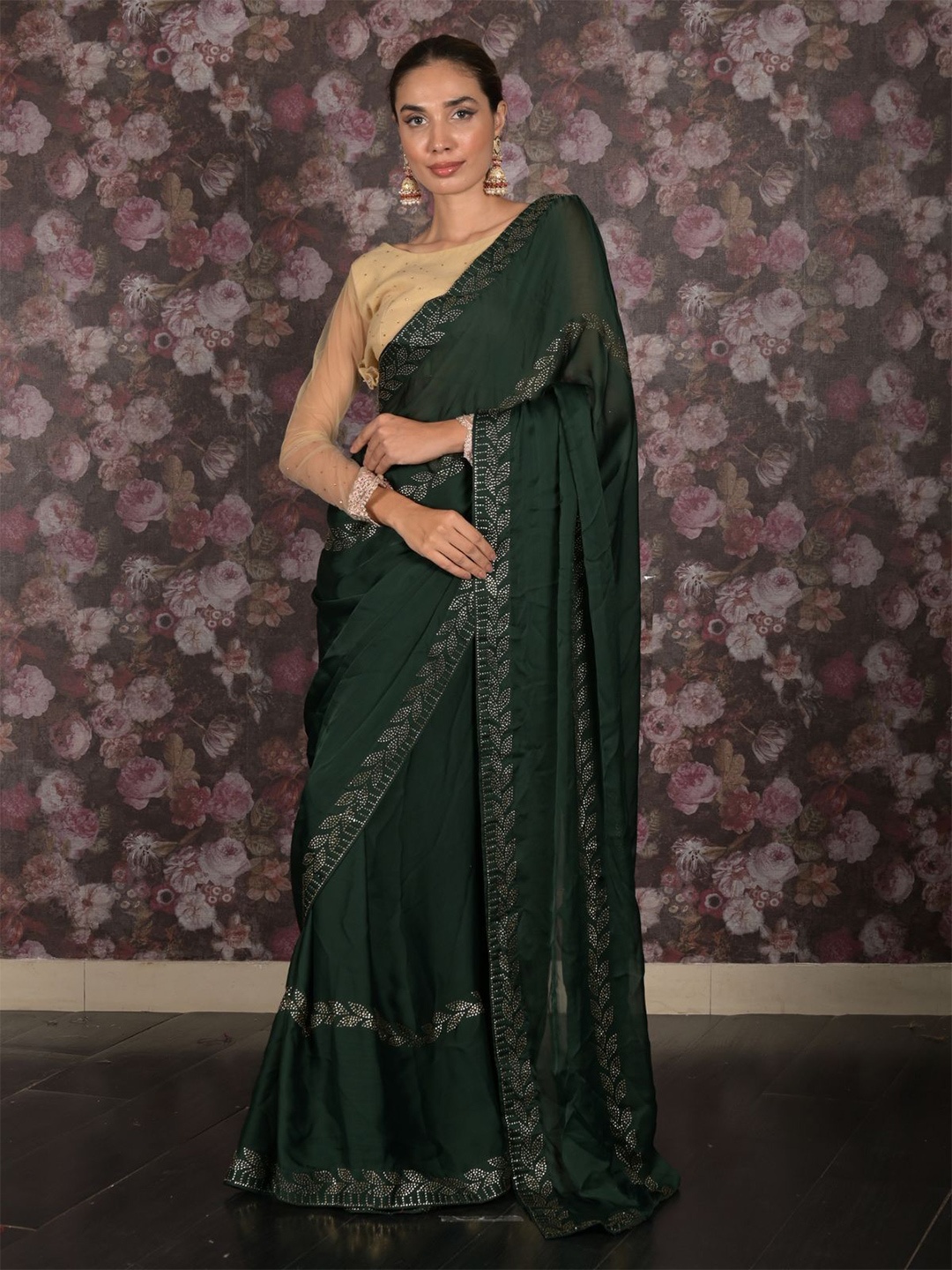 

ODETTE Embellished Sequinned Satin Saree, Green