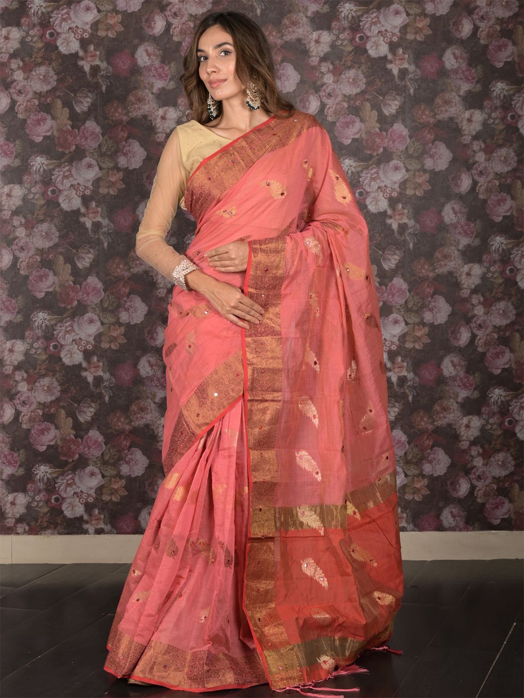 ODETTE Woven Design Zari Saree, Pink