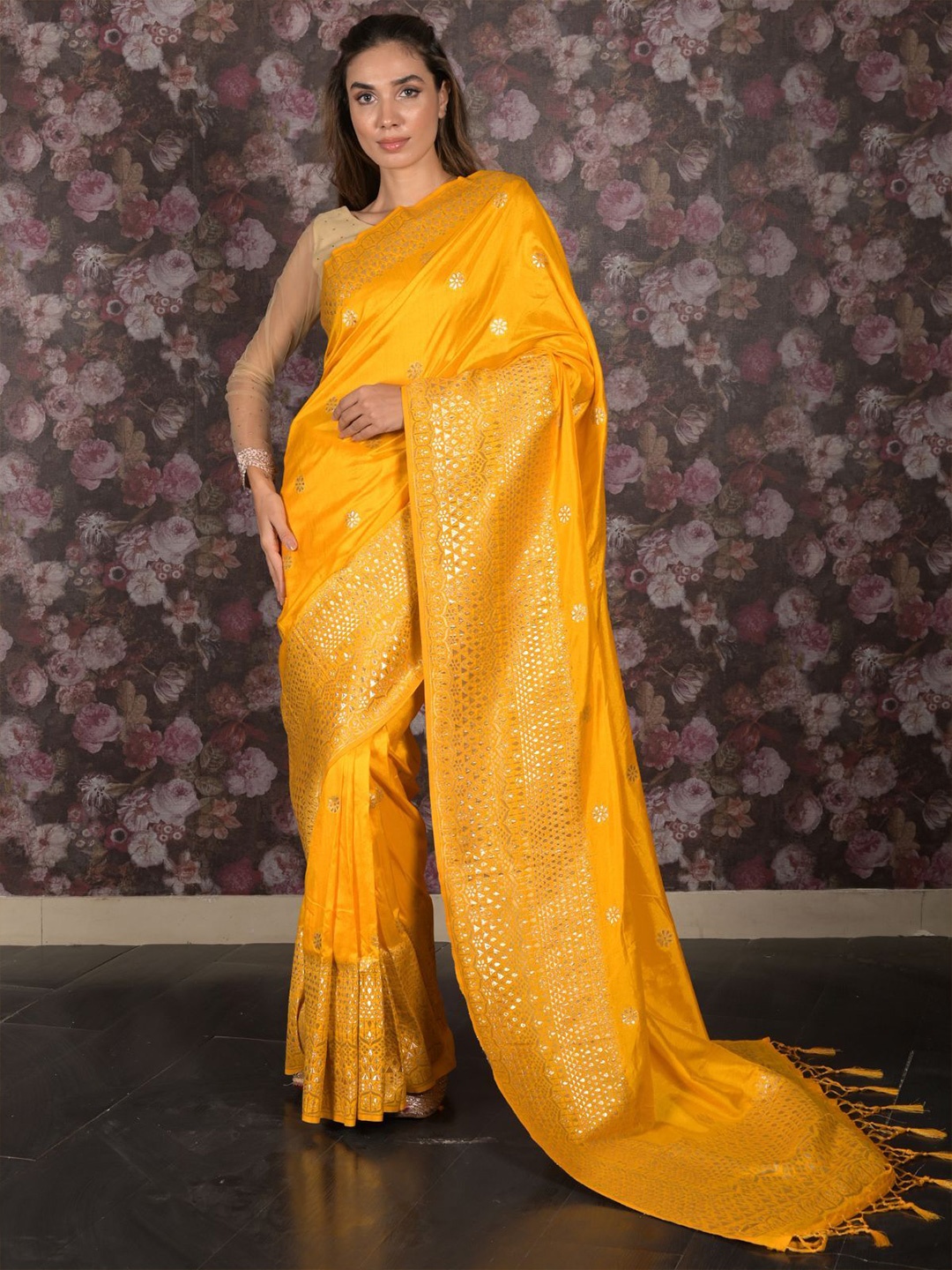 

ODETTE Woven Design Saree, Yellow