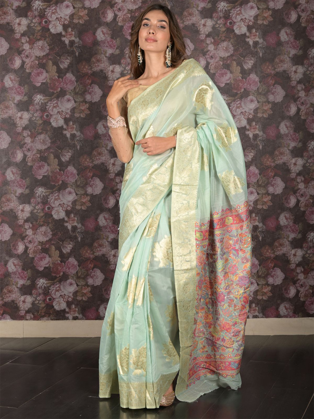 

ODETTE Woven Design Zari Saree, Sea green