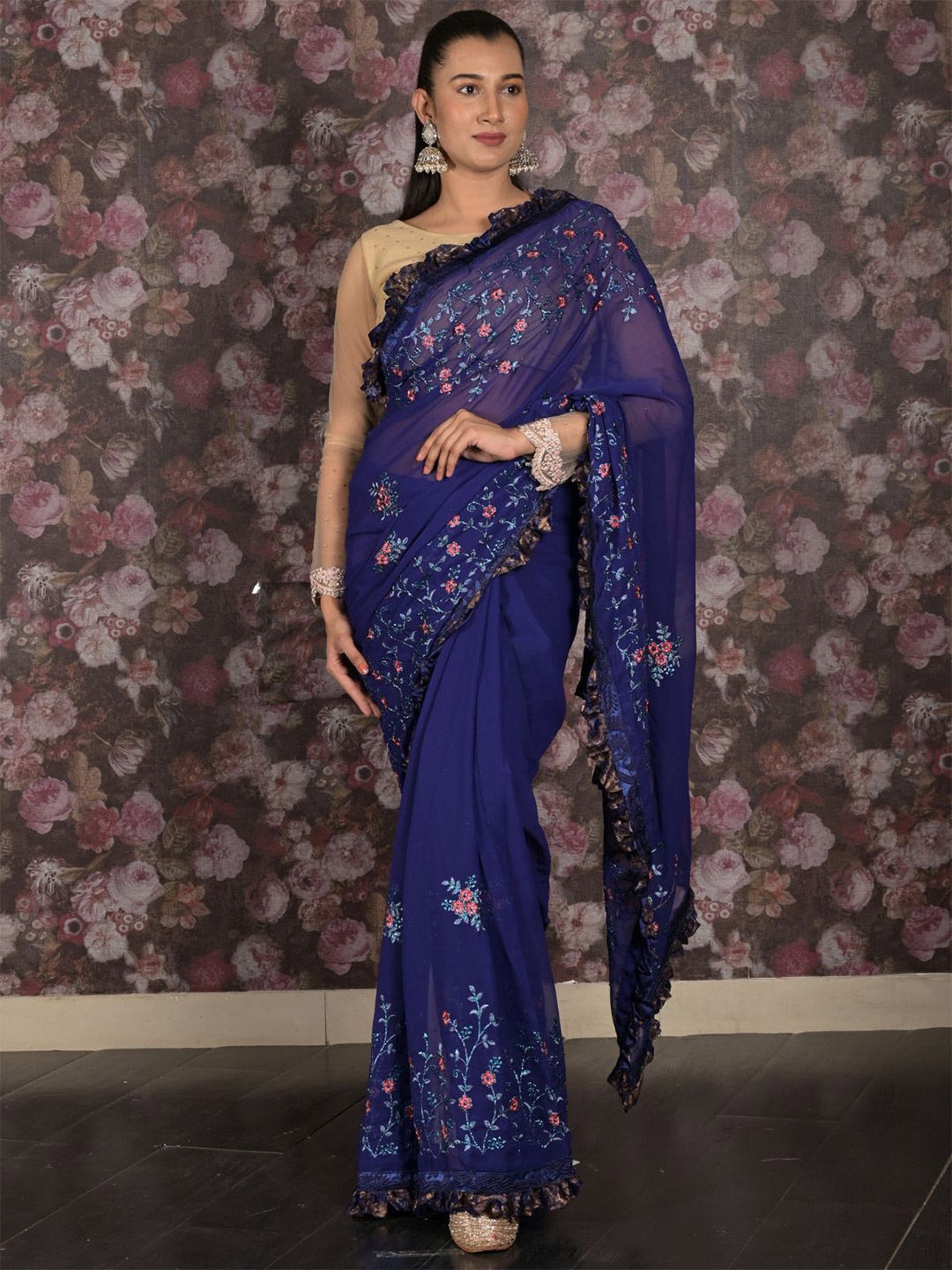 

ODETTE Floral Embroidered Pure Georgette Saree, Blue