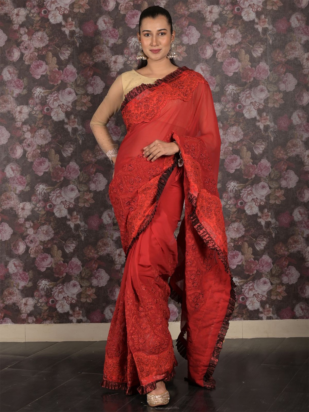 

ODETTE Floral Sequinned Pure Georgette Saree, Red