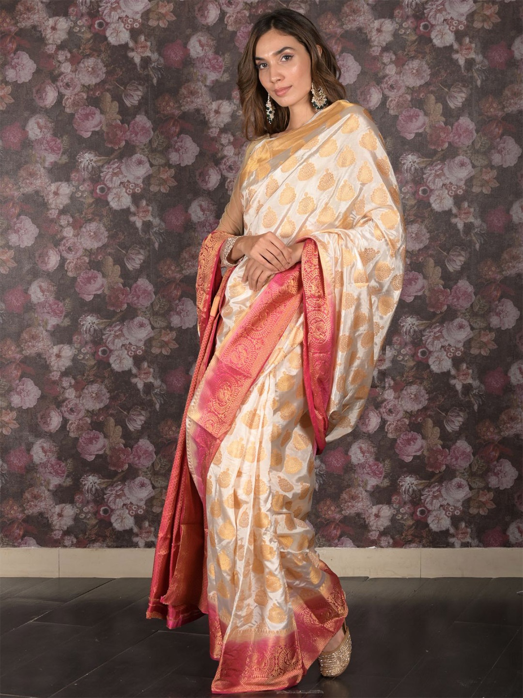 

ODETTE Woven Design Zari Saree, White